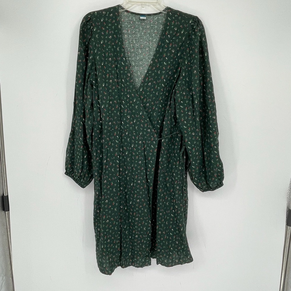 Old Navy Women's Green Floral Long Sleeve Cottagecore Wrap Mini Dress Size XL